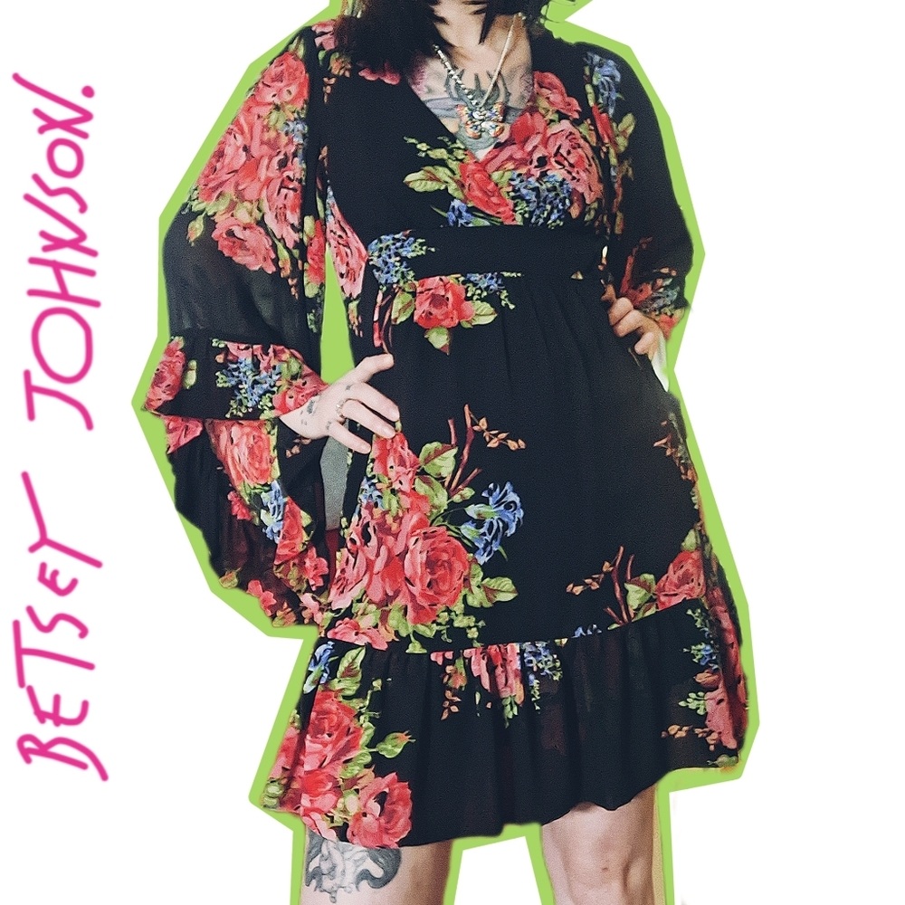 Betsy Johnson | Bambi Black Floral Bell Sleeve Ruffle Dress | Size 12